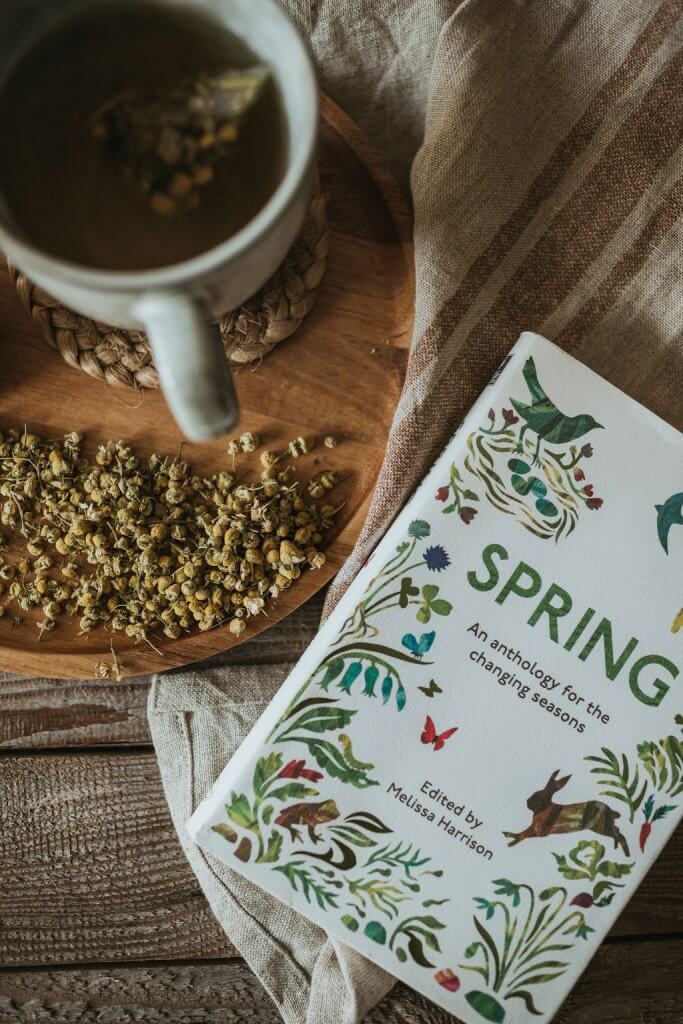 A cup of hearbal tea and a spring almanac book