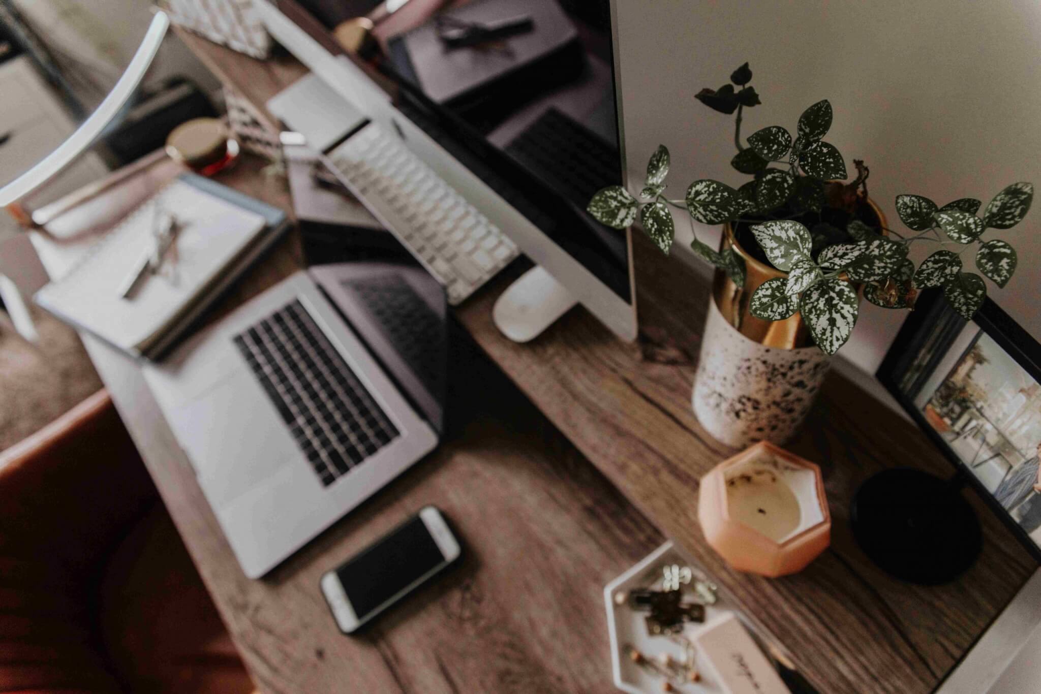 an image of a natural wooden desk with a laptop, screen and green plants